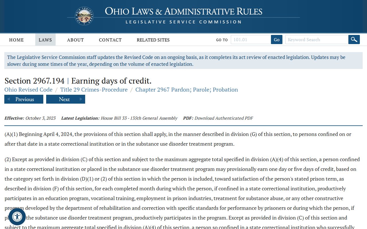 Ohio earned-credit law affecting Trumbull County projected release dates